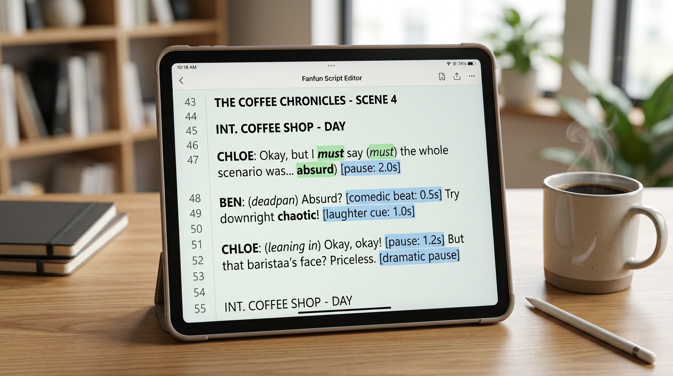 A digital script editor showing formatting tips for comedic timing in AI voice generation.
