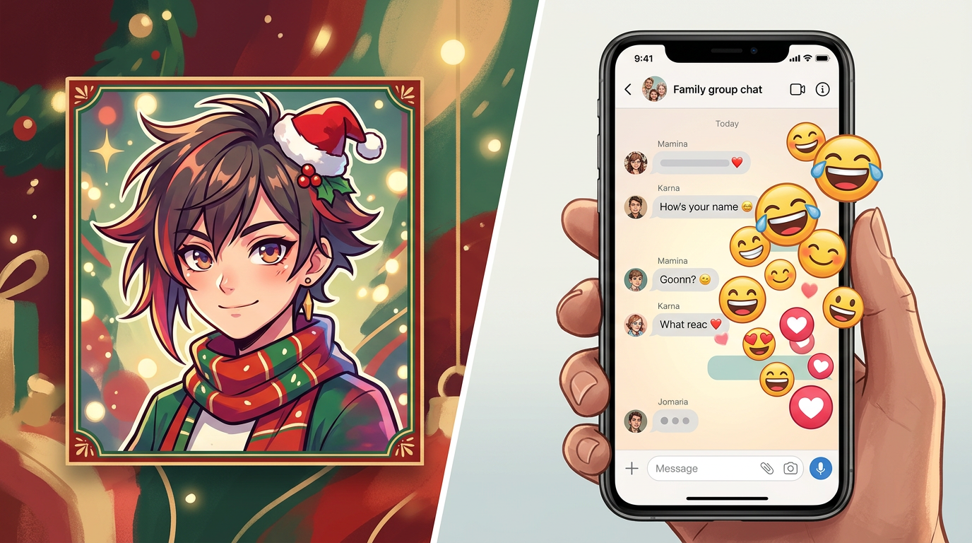 A split-screen showing a festive digital anime character profile next to a lively family group chat filled with positive reactions.