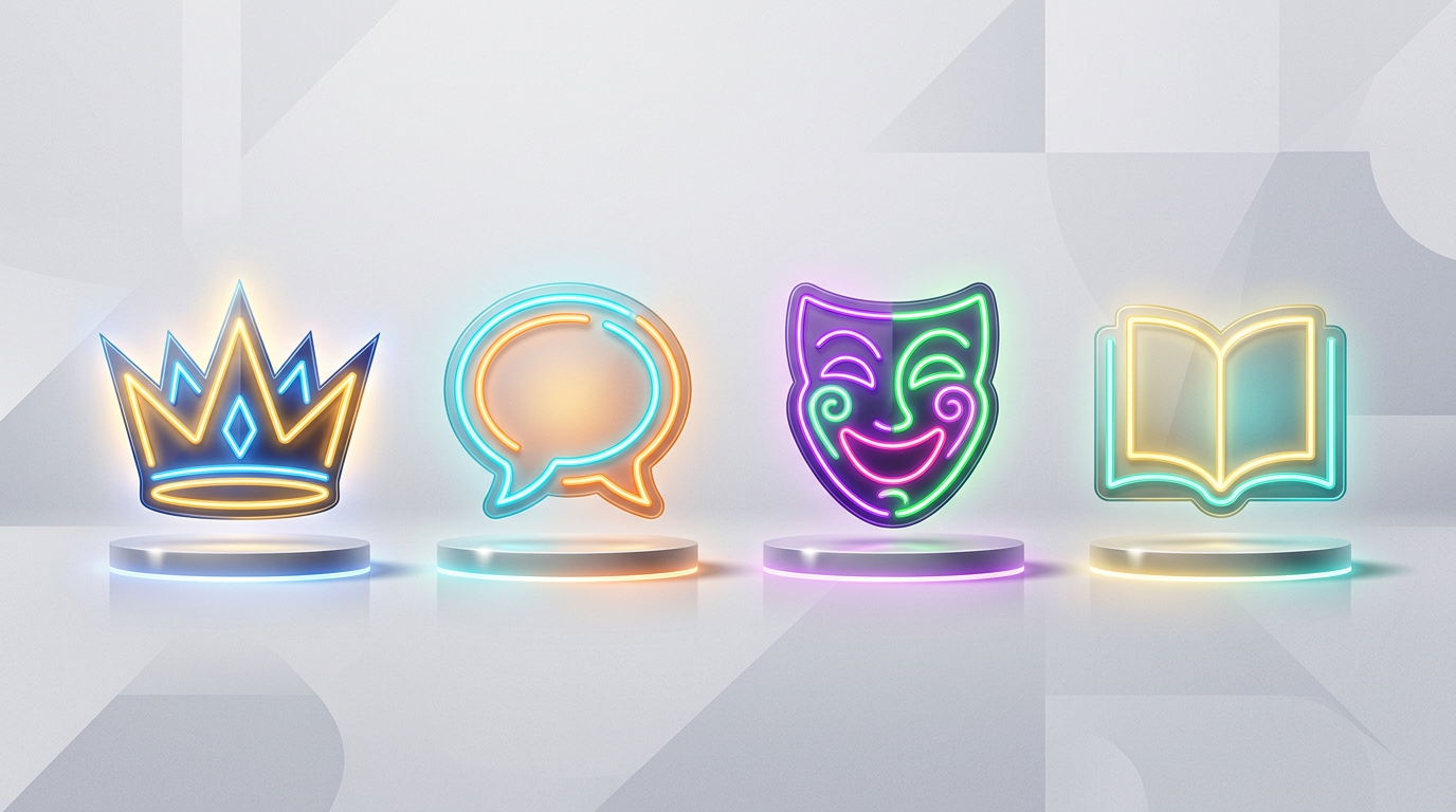 A minimalist graphic showing the four vocal archetypes for character voice casting: Authority, Everyman, Trickster, and Sage.
