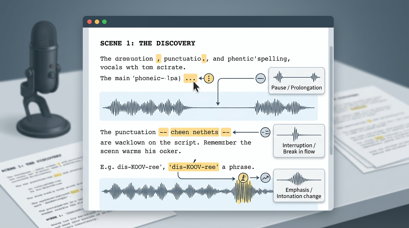 An editing interface mockup showing how punctuation marks like ellipses and hyphens change the shape of an AI voice soundwave.