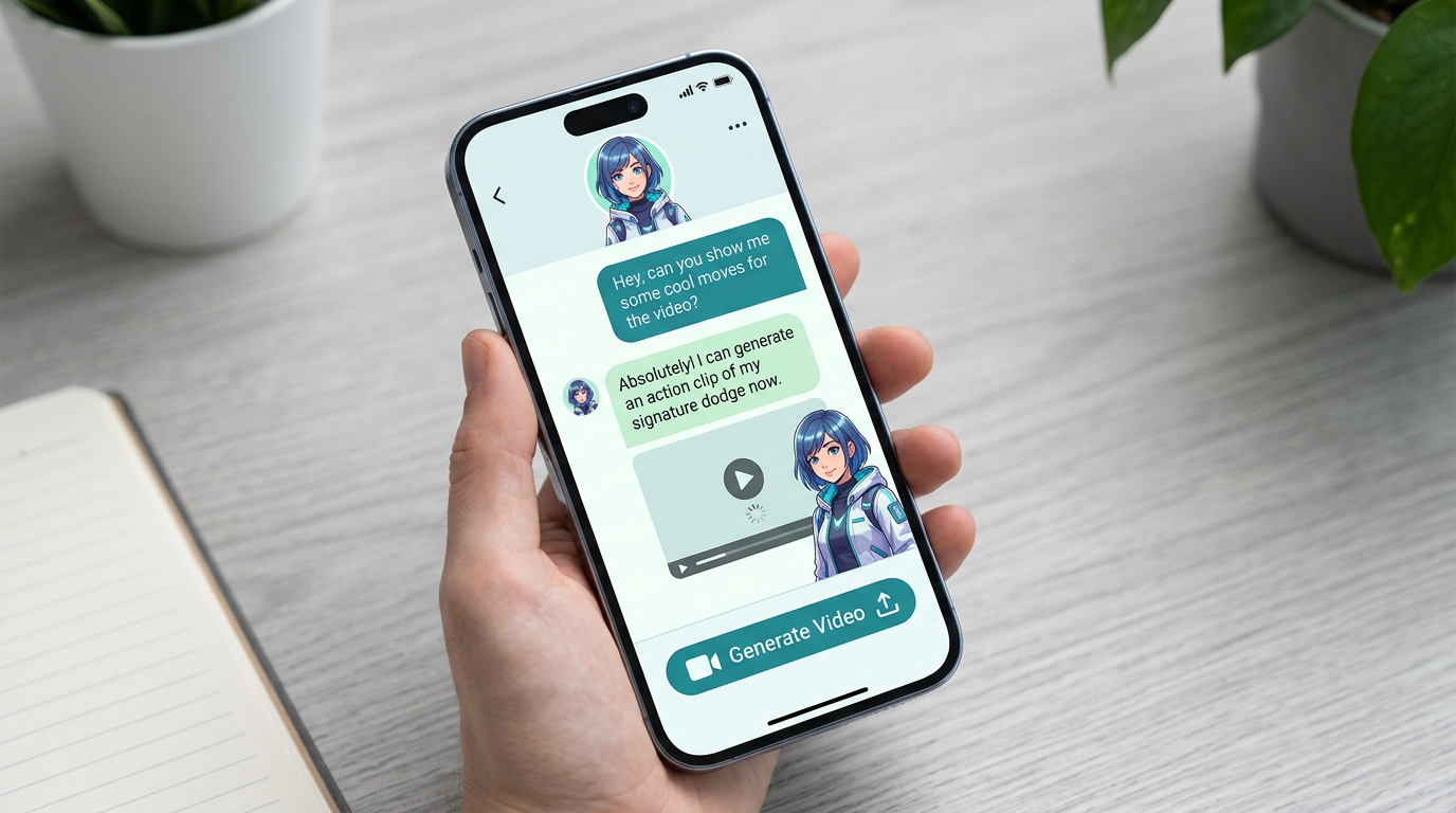 A smartphone mockup displaying an interactive AI chat interface with an anime character on the Fanfun platform.