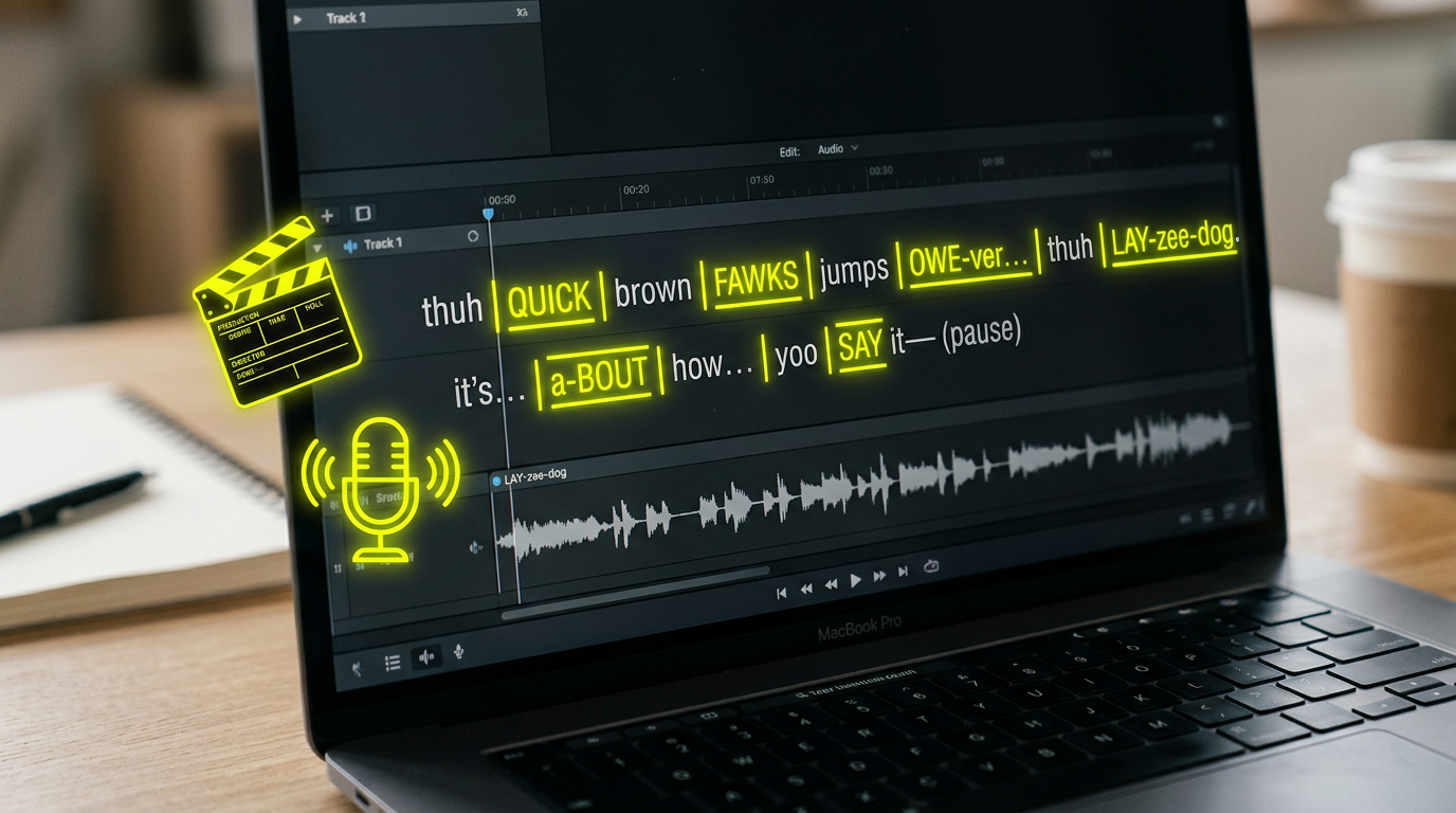 A conceptual depiction of text-to-speech script optimization using phonetic spelling and punctuation for natural AI voice acting.