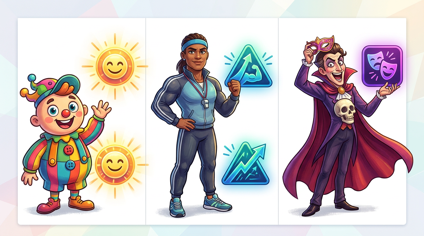 A comparison grid of three AI avatar archetypes showing cartoon, athlete, and actor styles with their corresponding emotional strengths.