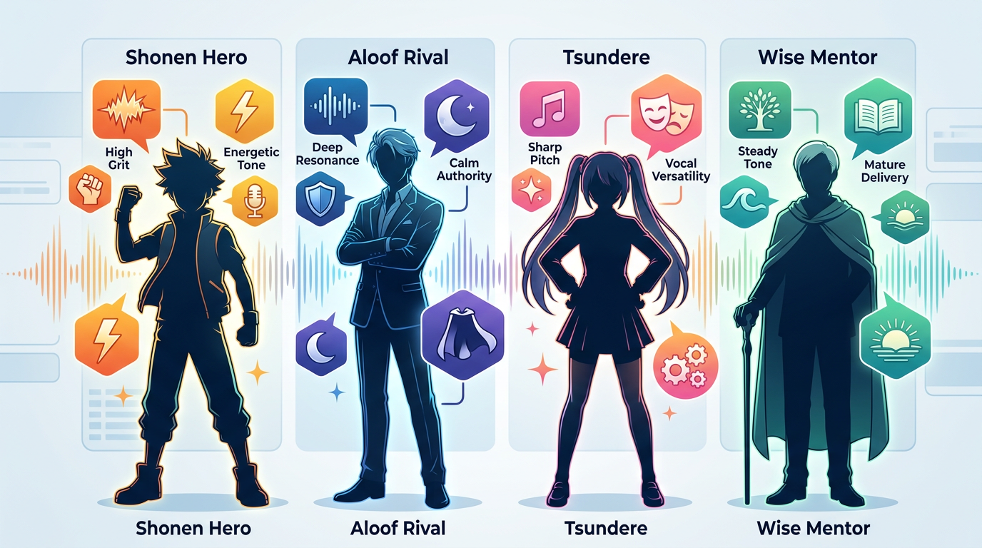 Visual guide to anime vocal archetypes for AI voice generation