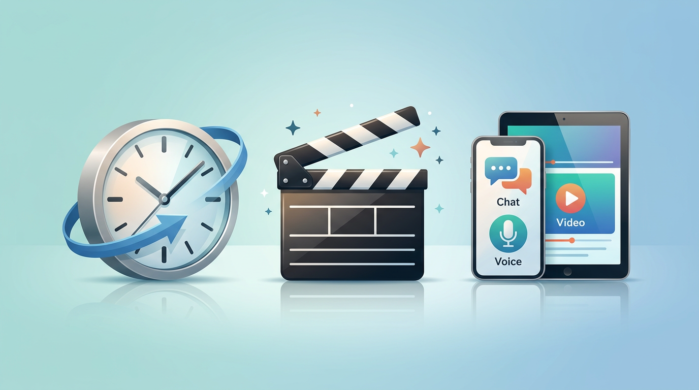 An infographic displaying the three pillars of a modern birthday video app: instant speed, creative control, and multiple formats like video, voice, and chat.