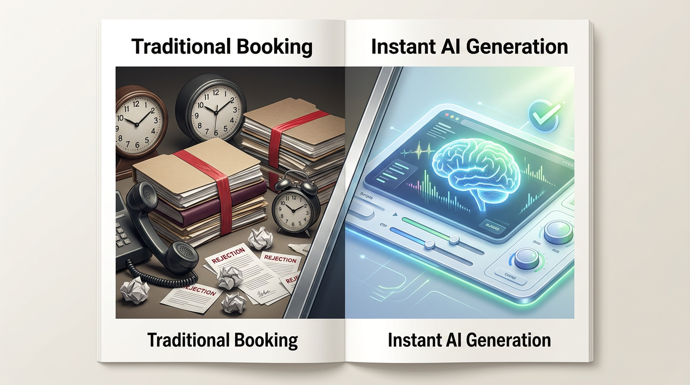 A comparison chart showing the differences in speed, cost, and control between traditional celebrity booking platforms and instant AI video generators.