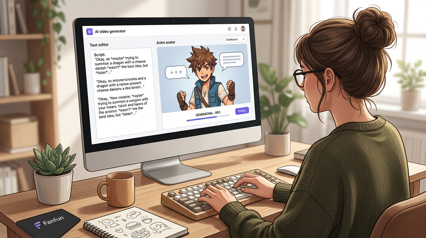 A content creator typing a custom script into an AI video generation platform to create a personalized character message.
