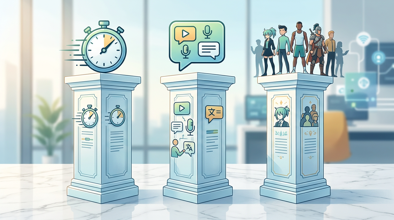 Infographic showing the three pillars of modern celebrity video alternatives: instant speed, multi-format versatility, and a diverse character library.