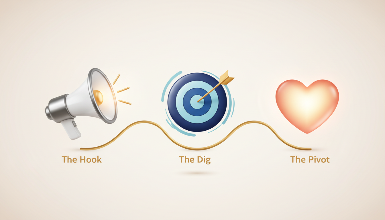 Infographic showing the three steps of writing a funny AI roast script: the hook, the hyper-specific dig, and the warm pivot.