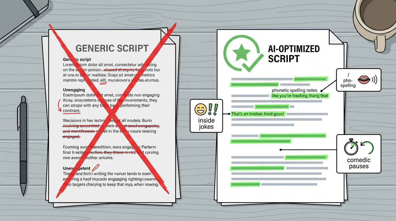 A visual comparison infographic showing a generic anniversary script versus a highly personalized, AI-optimized script with annotations.