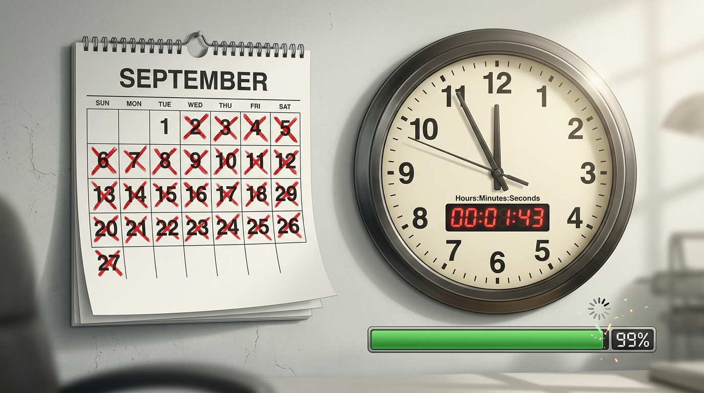 A conceptual illustration of a calendar with crossed-out dates and a stuck progress bar, representing the slow turnaround times of traditional celebrity shoutouts.