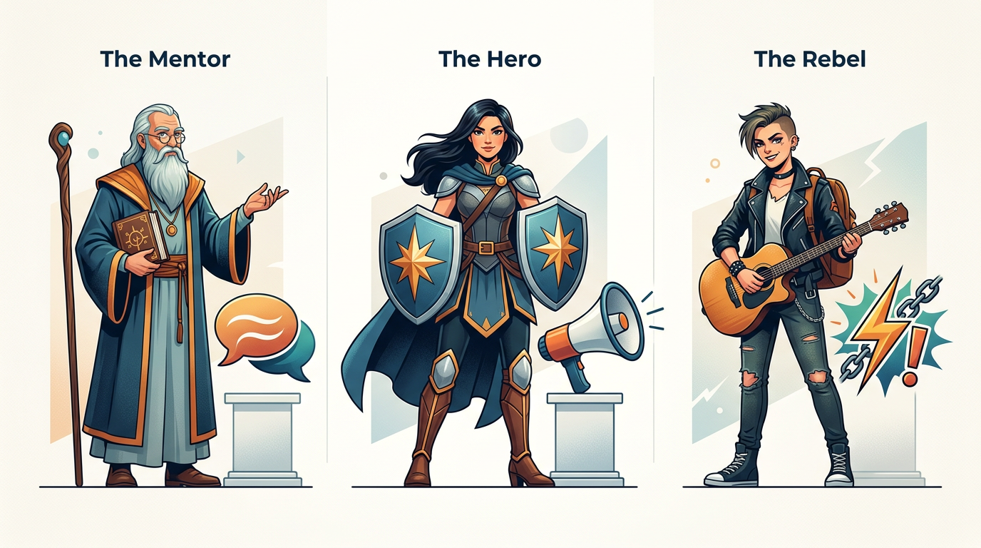 An infographic showing character archetypes and their ideal content use cases for AI video generation.