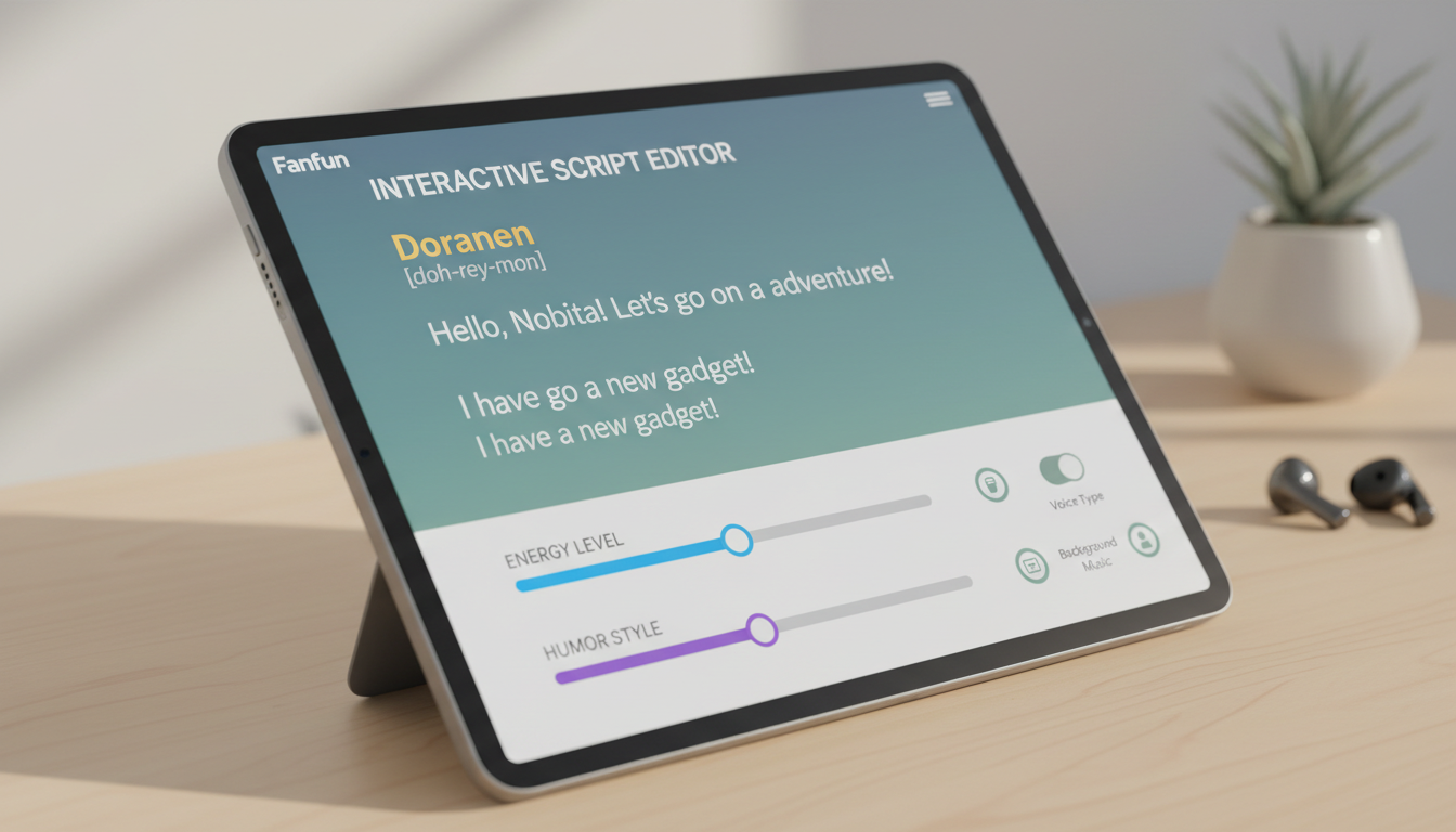 A digital tablet showing a user-friendly interface for scripting and customizing an AI fan video message.
