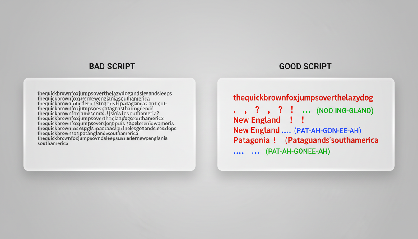 A comparison graphic showing a poorly formatted script versus an optimized script using punctuation hacks for natural AI voice inflection.