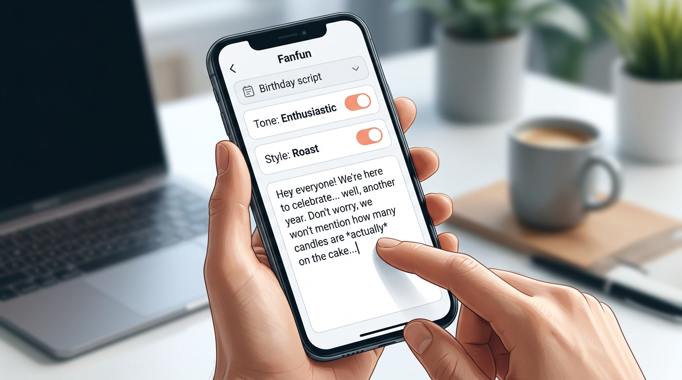 A close-up of a mobile interface showing customizable script options and tone settings for generating an AI celebrity video.