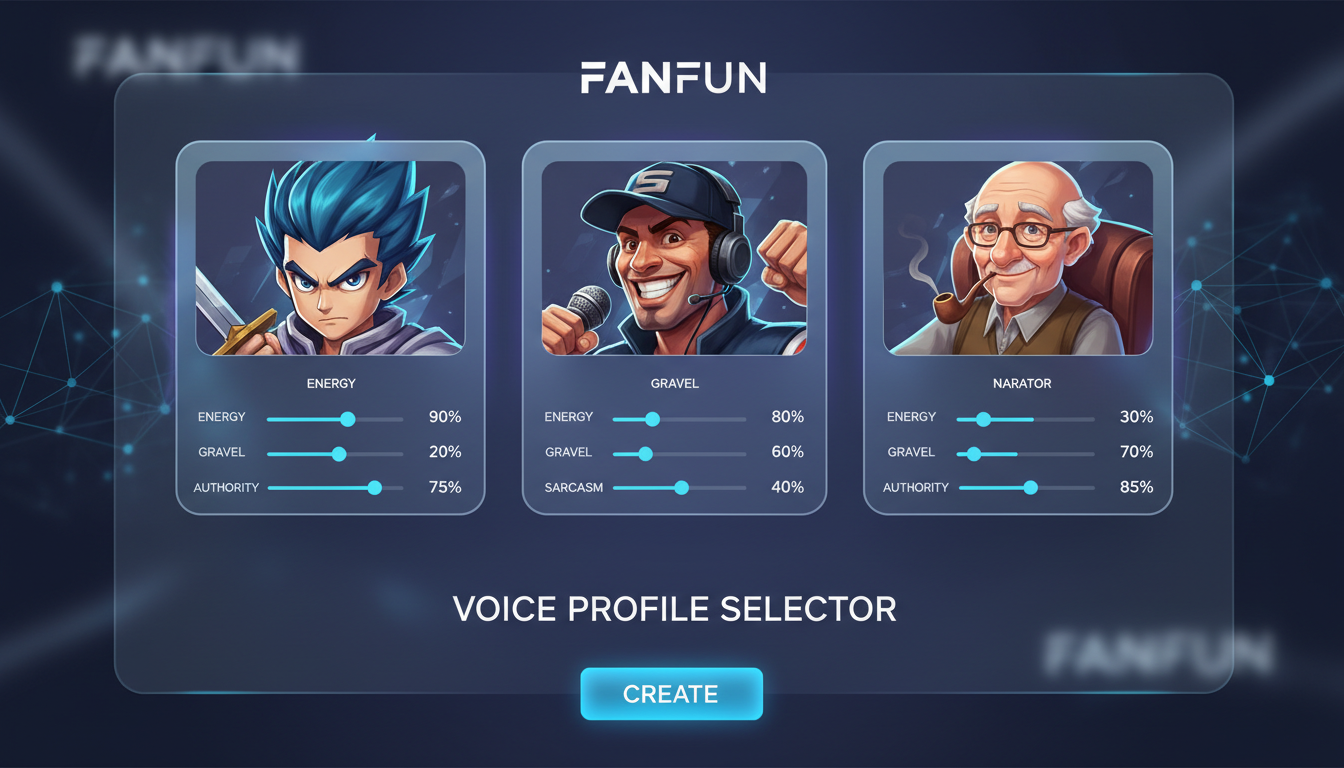 A stylized digital interface showing different AI character voice profiles and their tonal attributes.