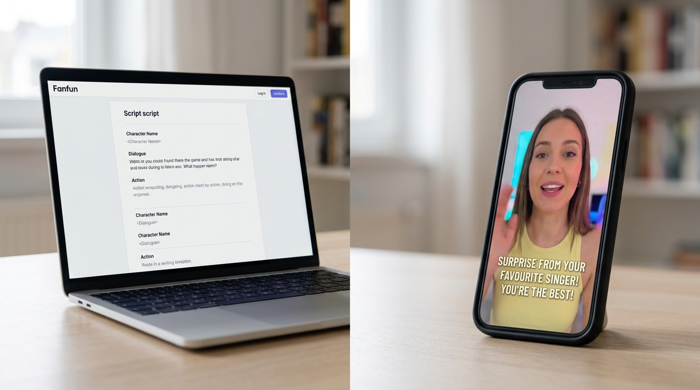 A side-by-side comparison of a video script draft on a laptop and the finished AI video message on a mobile screen.