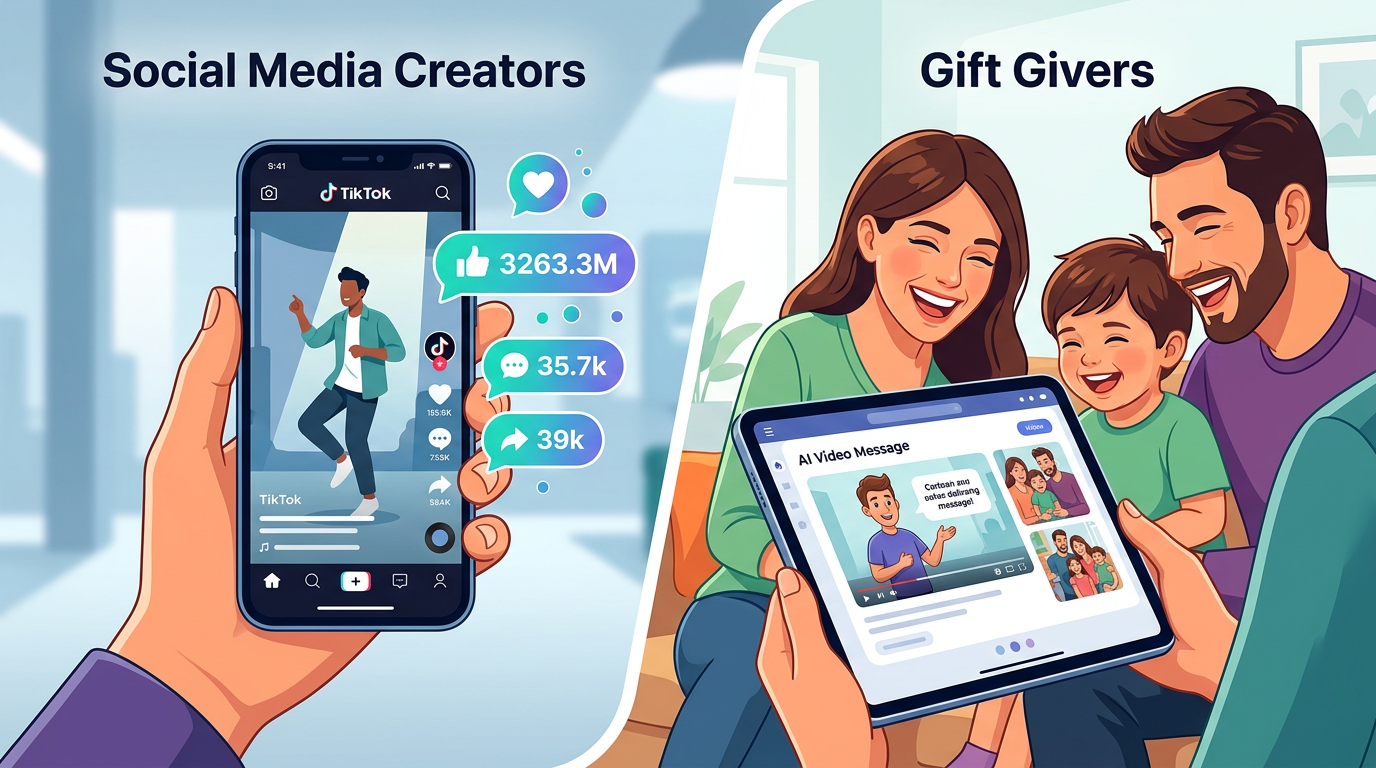 A visual comparison matrix showing the different script strategies, video lengths, and tones used for social media content creation versus personal gifting.