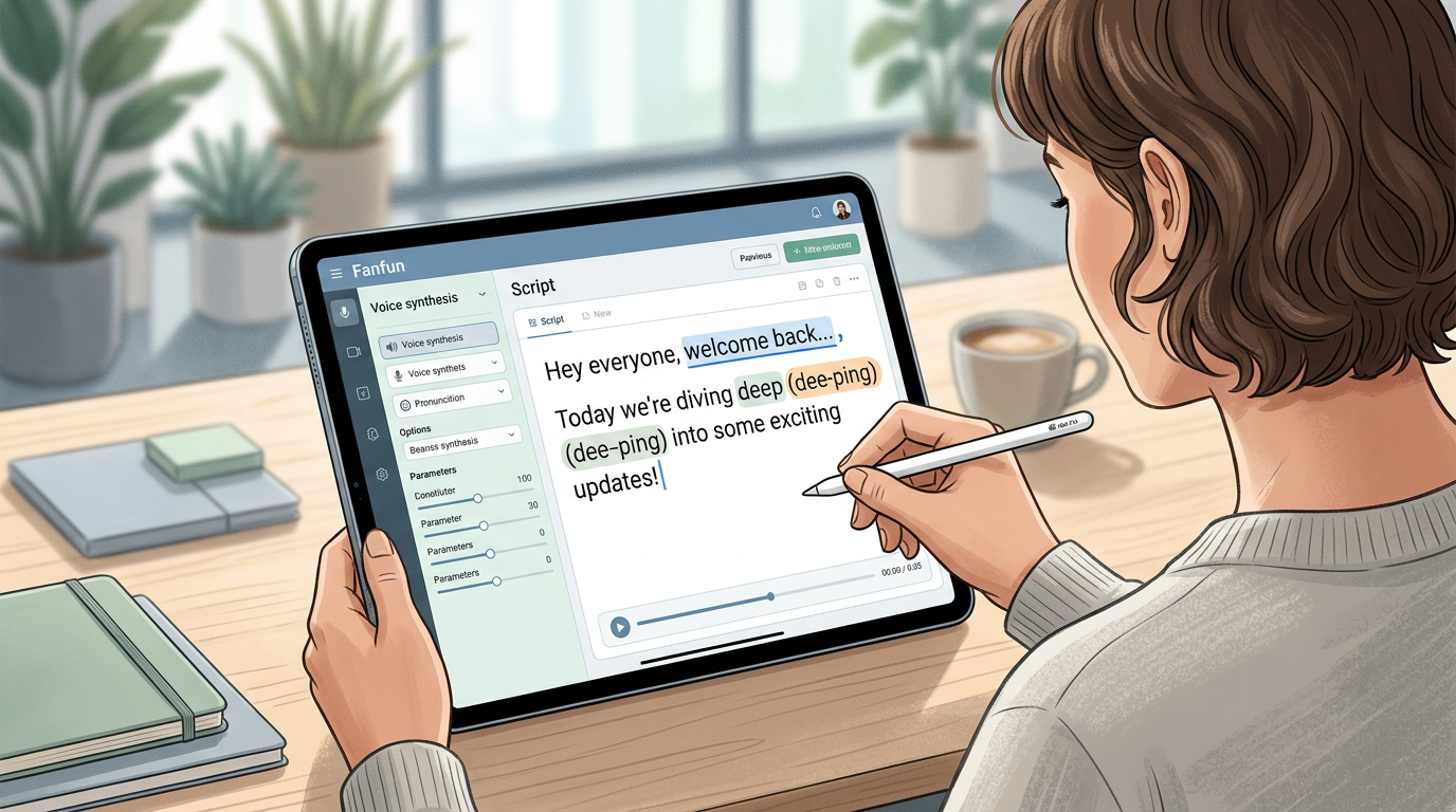 A tablet screen showing a script being edited with phonetic spelling and punctuation for an AI voice generator.