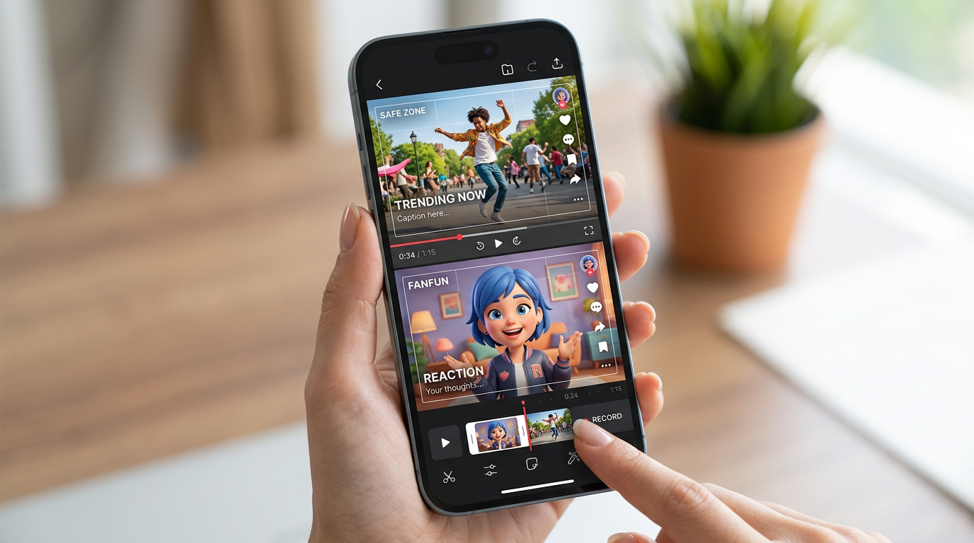 A mobile video editor mockup showing a split-screen layout optimized for TikTok and Instagram Reels.
