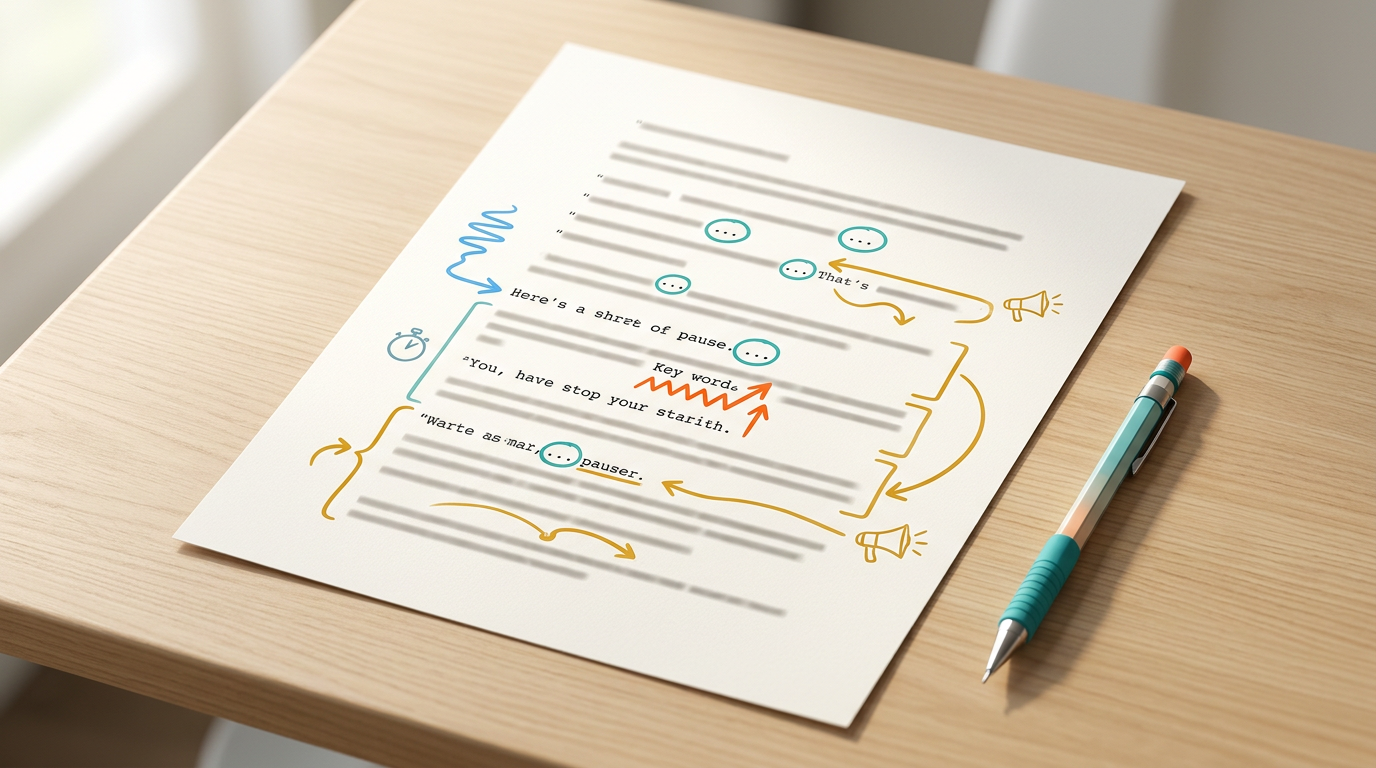 An infographic showing how to mark up a script with punctuation and phonetic spelling to guide an AI voice generator's pacing and inflection.