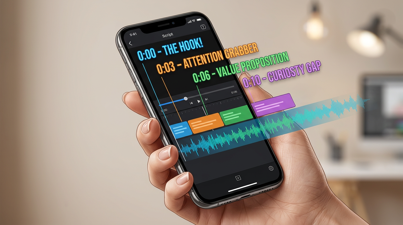 A smartphone screen showing an active video editing app with colorful text overlays and soundwave graphics representing a fast-paced video script.