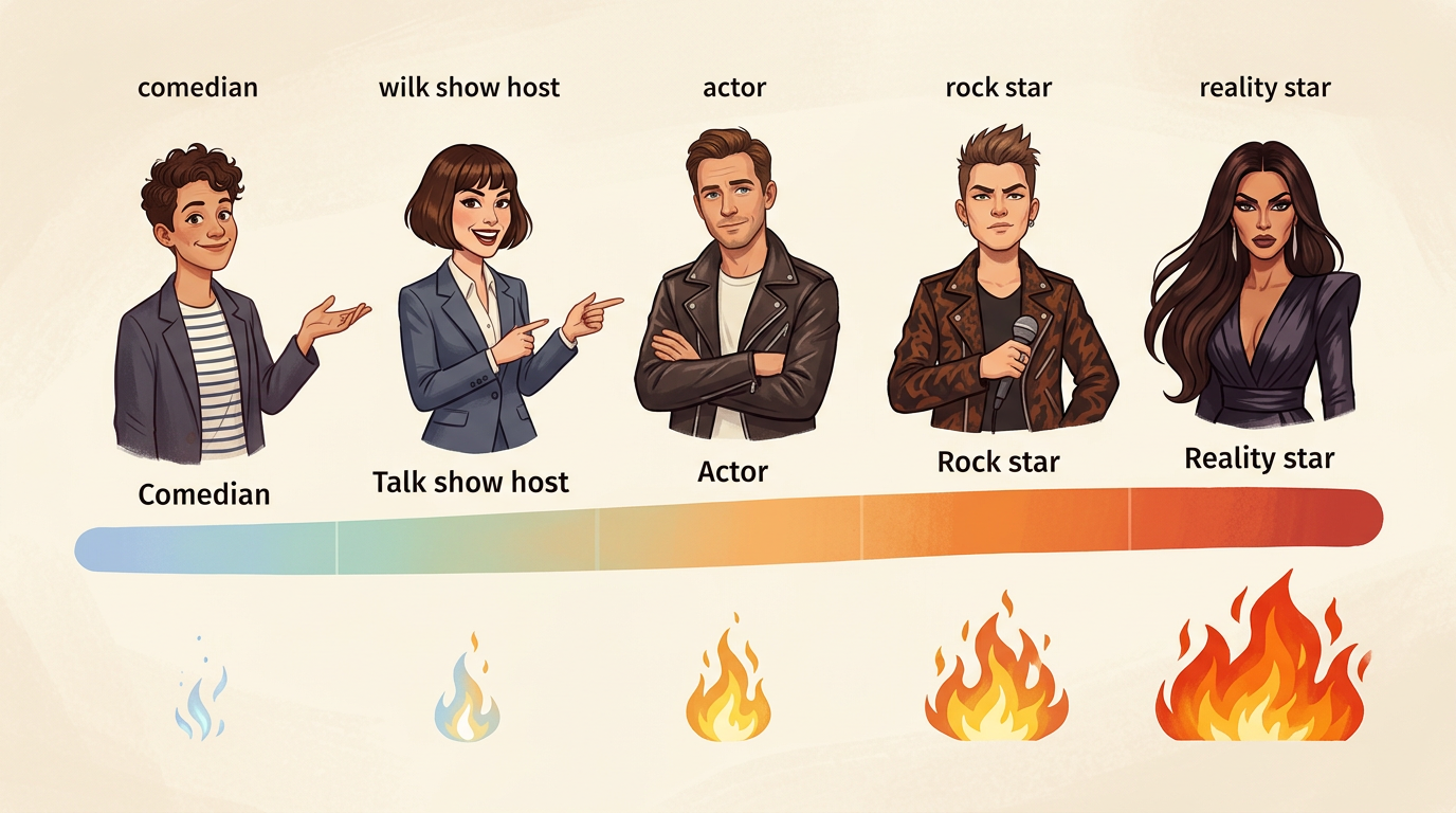 A diagram mapping celebrity roast archetypes against comedic intensity levels.