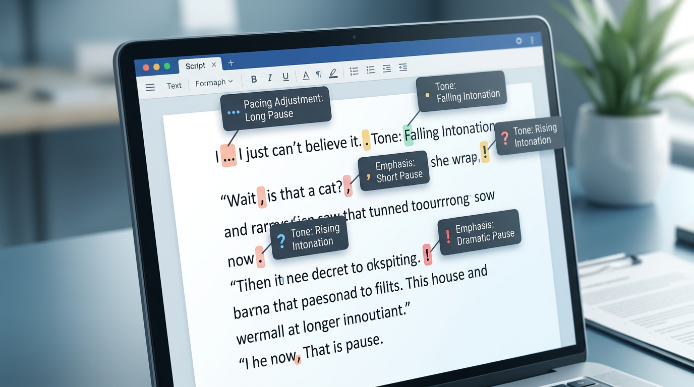 A visual guide to scriptwriting for AI voices, showing how punctuation creates natural pauses and pacing.