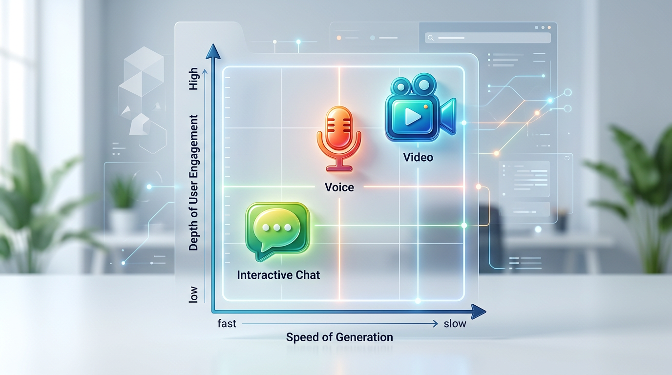 A 3D matrix comparing AI video, voice, and interactive chat formats by production speed and fan engagement.