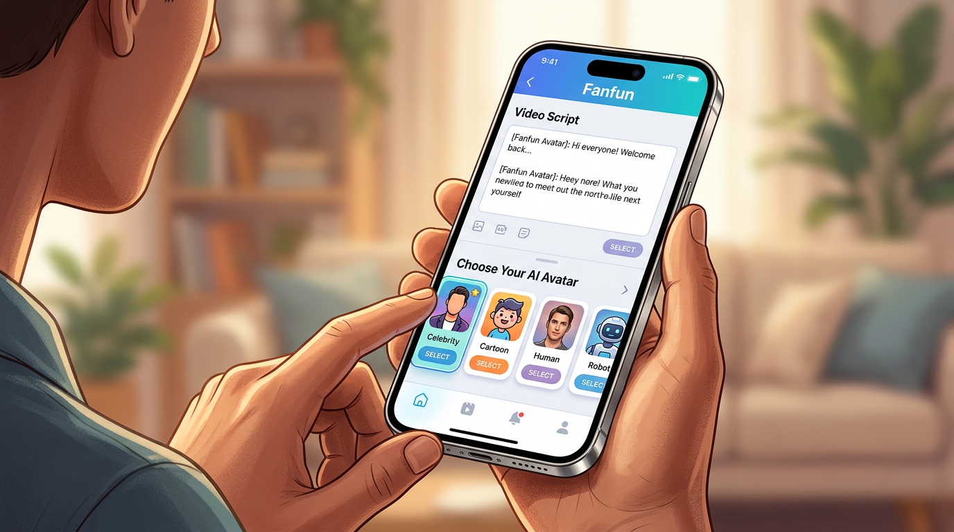 A smartphone interface showing the Fanfun platform where a user selects different AI character avatars for a video greeting.
