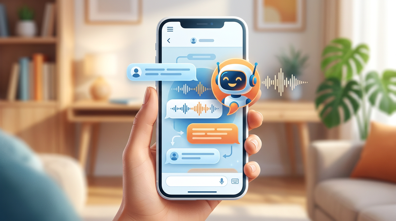 A conceptual smartphone mockup showing a two-way interactive AI chat interface with a character avatar and dynamic audio waveforms.
