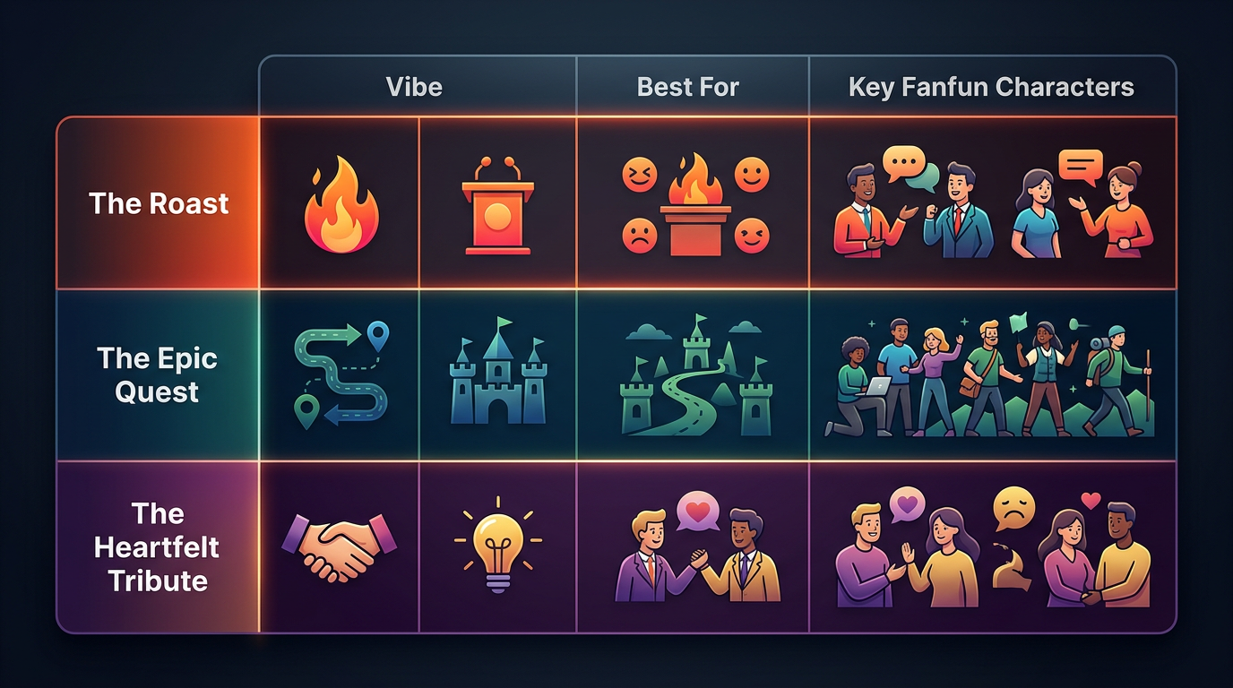 A comparison table detailing different creative formats for an AI birthday video, including roasts, quests, and tributes.