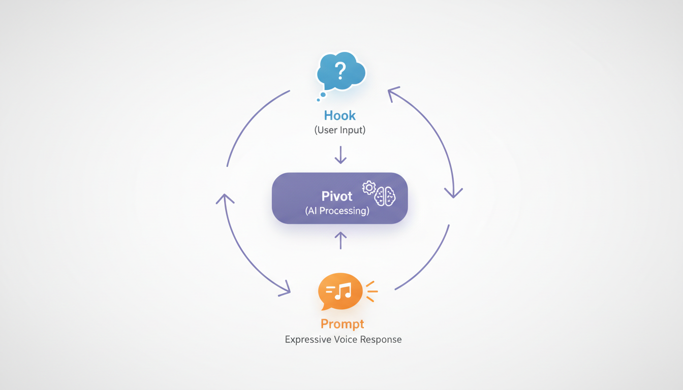 A stylized flowchart diagram showing the steps of a high-engagement conversational framework for an AI voice chatbot.