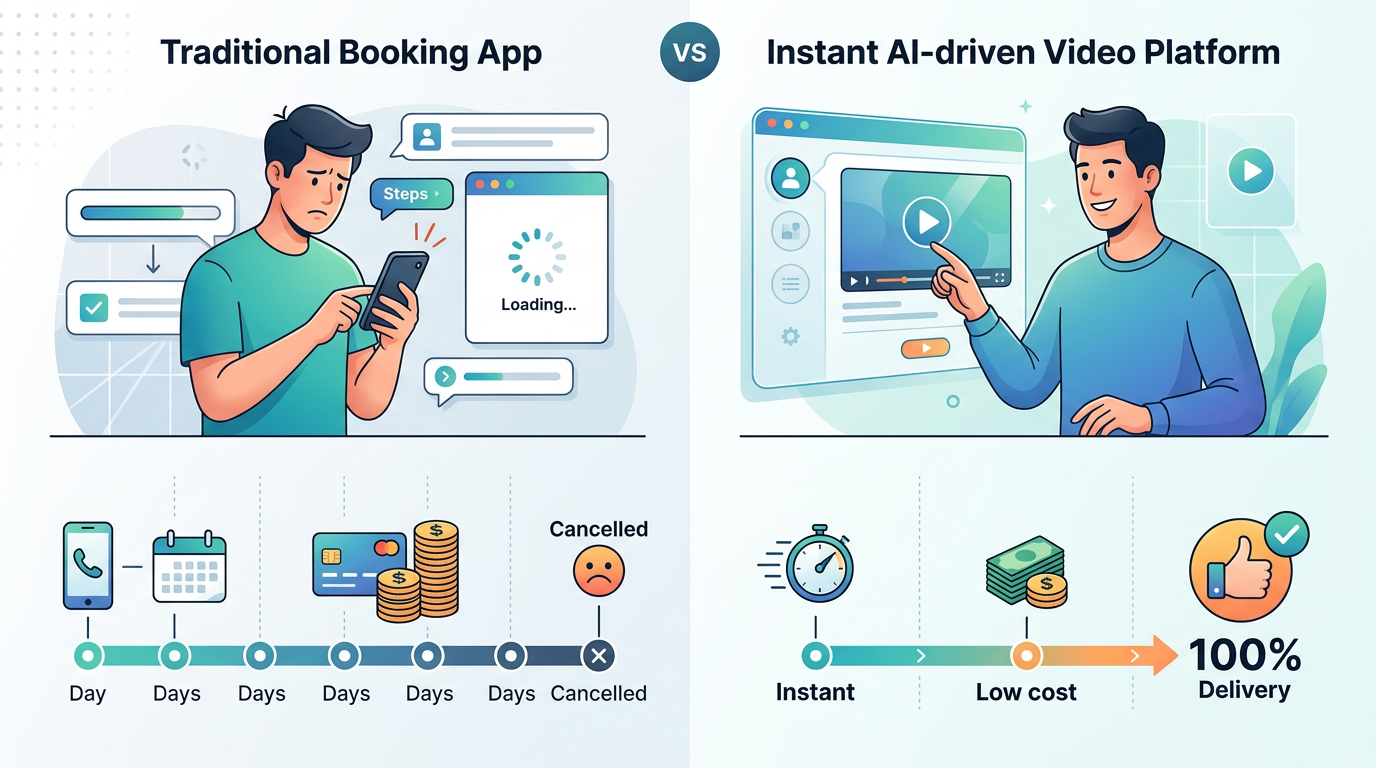 A comparison chart showing the timeline and success rates of traditional celebrity video apps versus instant AI video platforms.