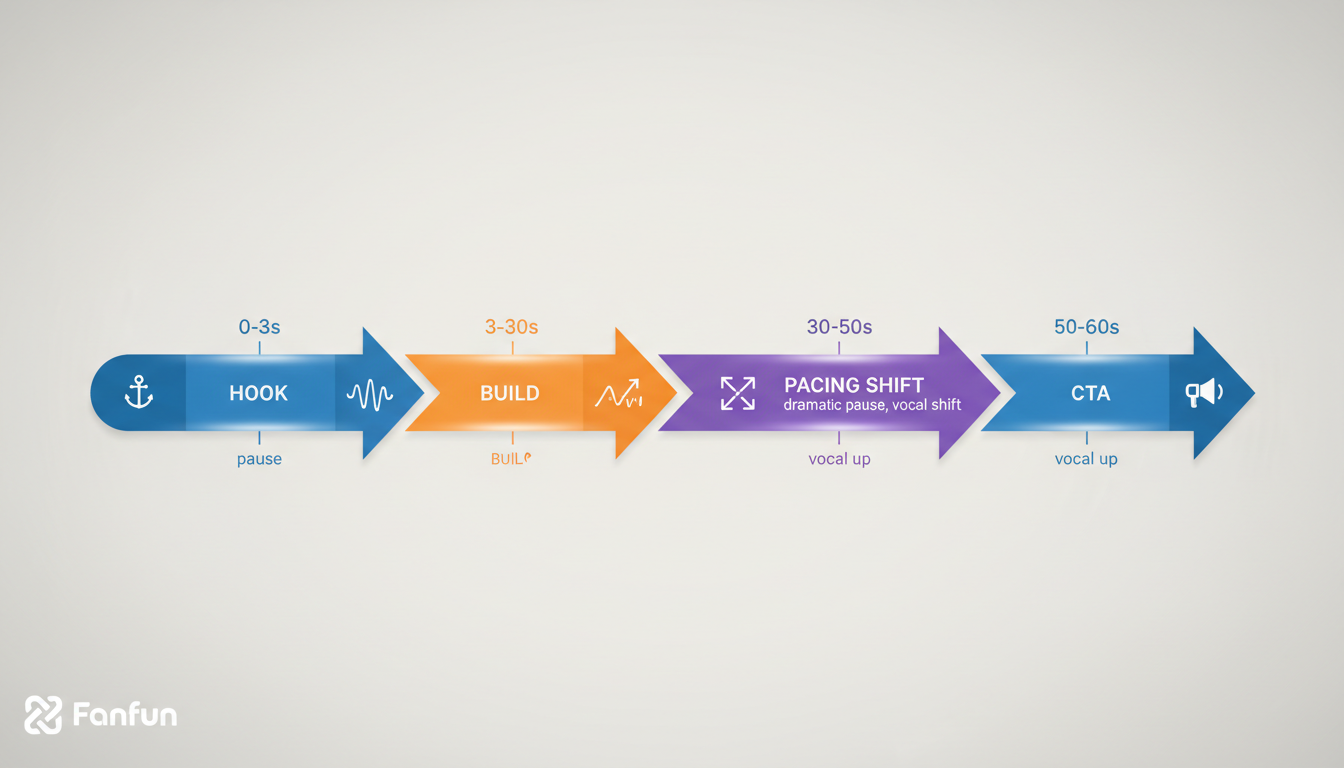 An infographic showing the ideal pacing timeline for a high-retention 60-second short-form video script.