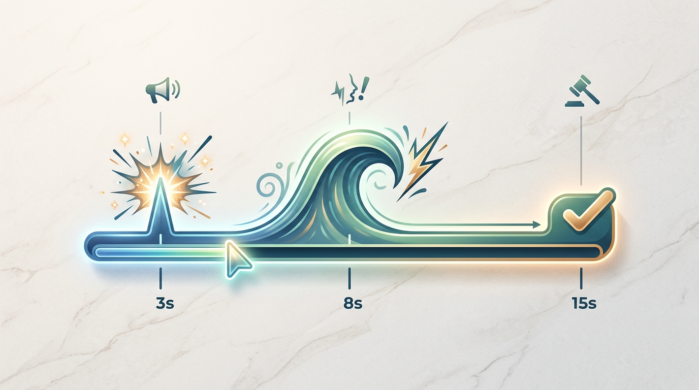 A timeline diagram of the Hook-Gasp-Verdict scripting framework for a 15-second AI reaction video.