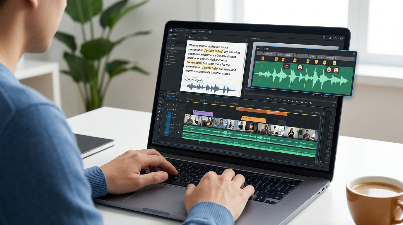 A creator editing an AI avatar script on a laptop, showing phonetic spelling tweaks and audio waveforms for natural delivery.
