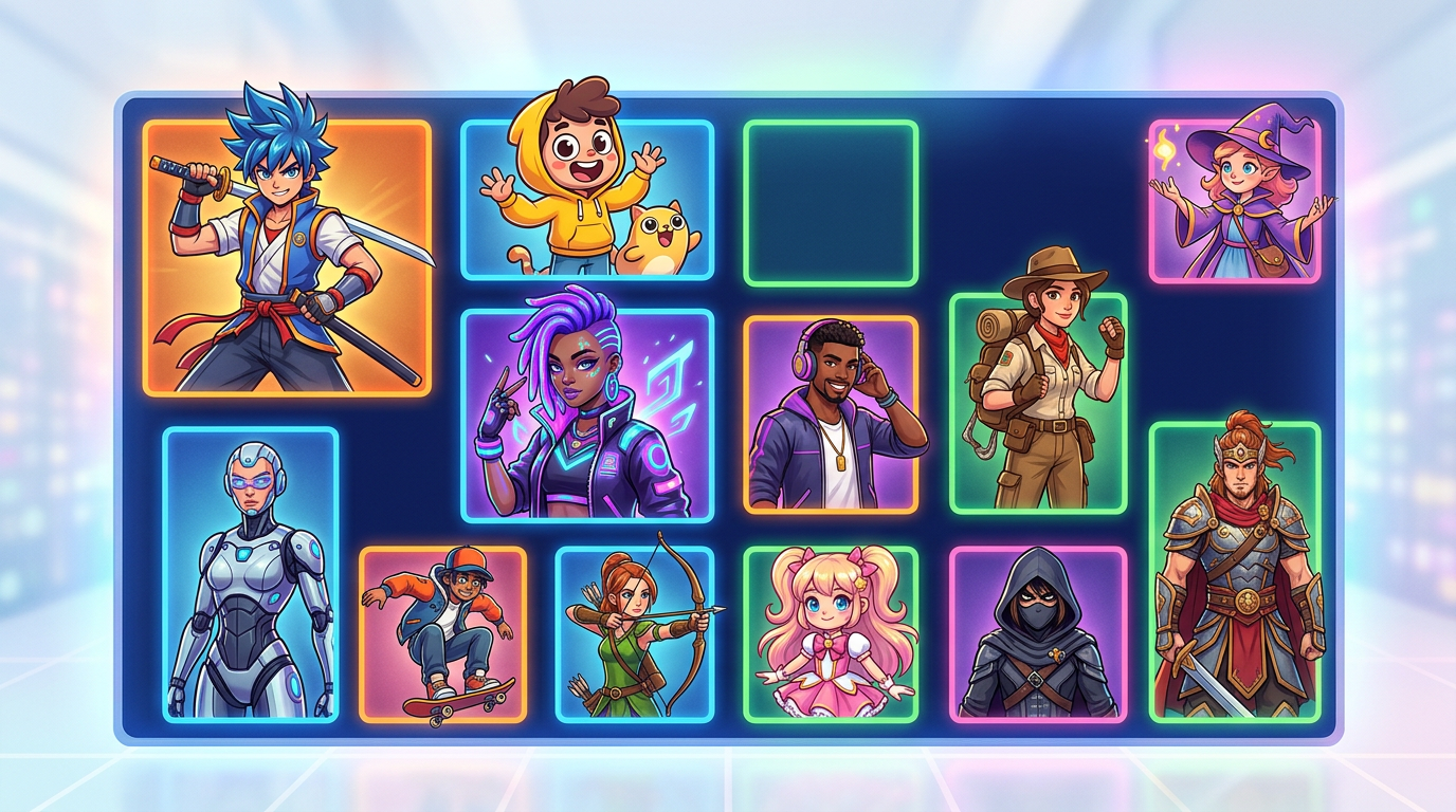 A grid of diverse digital characters on a mobile interface, showcasing anime, cartoon, and celebrity-style options.