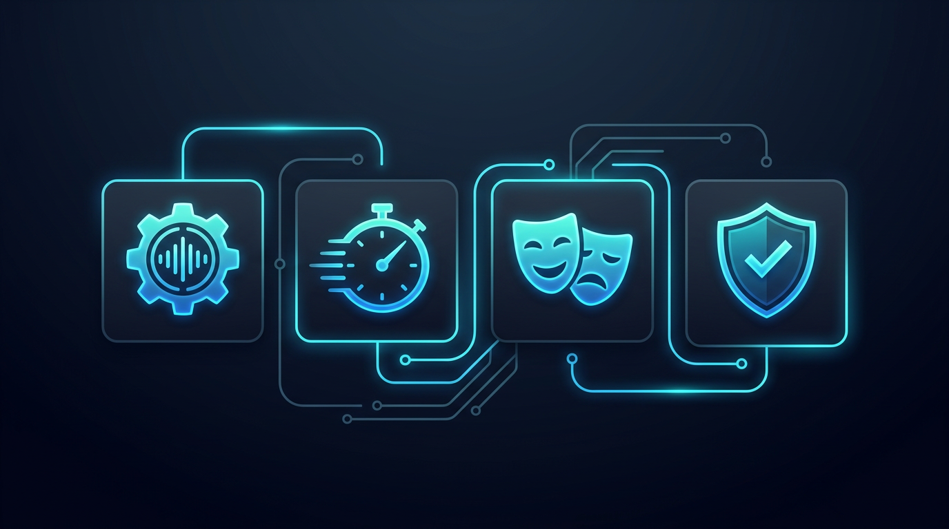 Infographic showing the 4-point audit for evaluating online celebrity voice generators: Phonetic Control, Latency, Emotional Range, and Licensing.