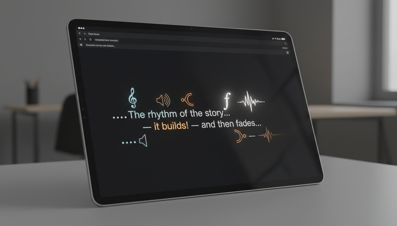A digital text editor showing how punctuation marks like ellipses and em-dashes translate into audio pauses and pacing changes.