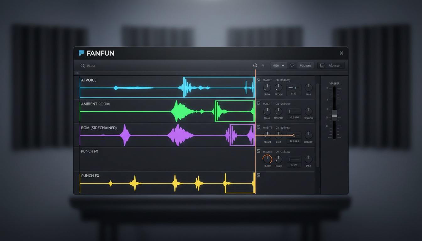 A close-up view of a DAW timeline showing the layering of AI voiceovers, background music, and sound effects.