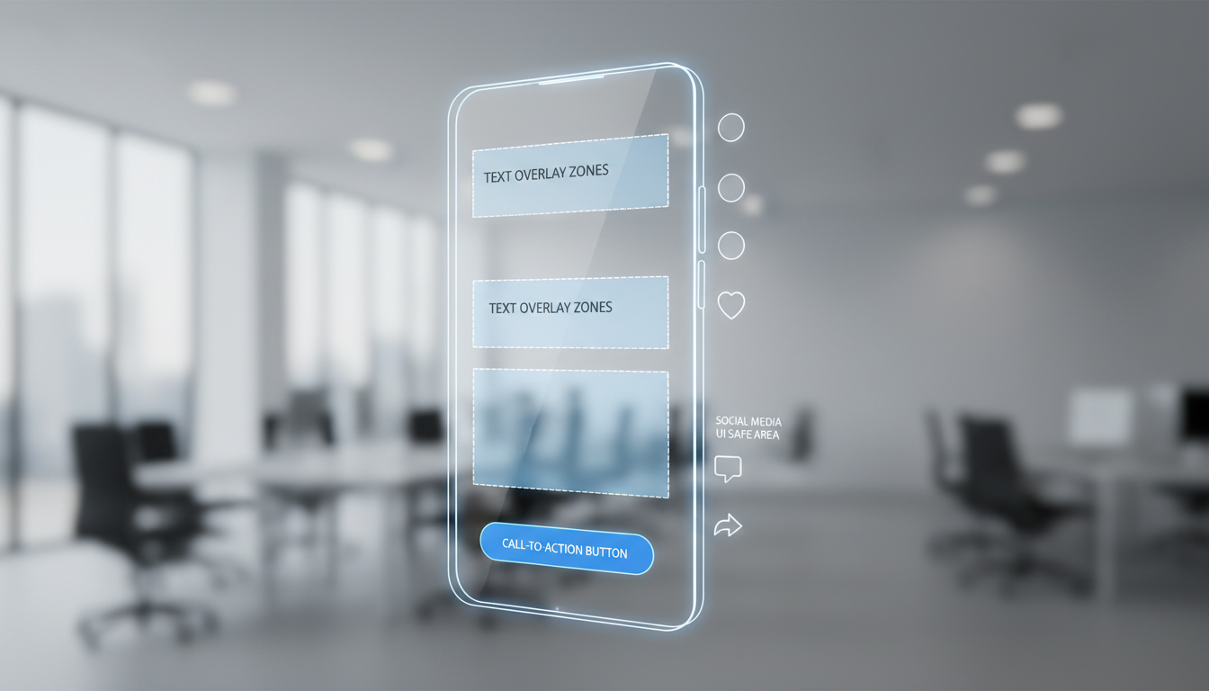 A vertical video mockup showing safe zones for text overlays and call-to-action buttons on mobile social media platforms.