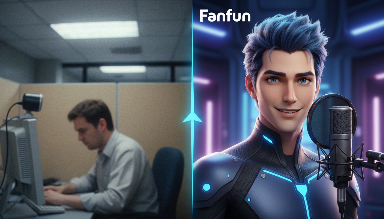 A comparison showing a dull webcam video contrasted with a dynamic AI character video message.