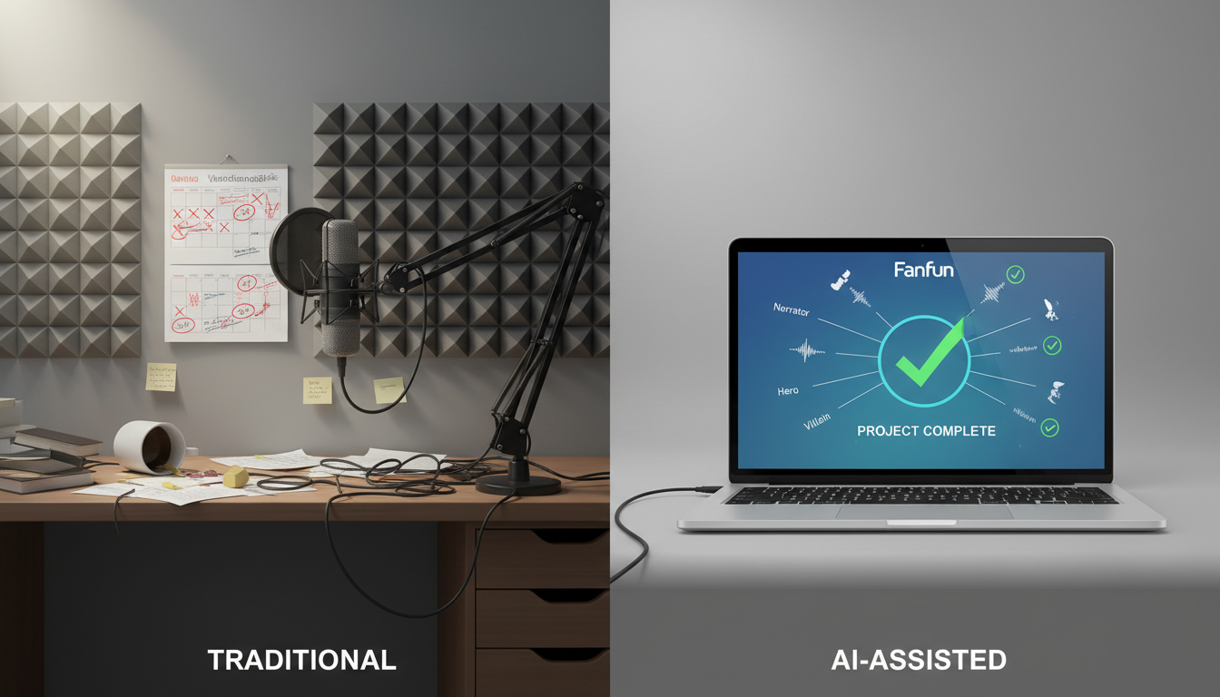 A comparison graphic showing the streamlined workflow of AI-assisted fan dubbing versus traditional recording hurdles.