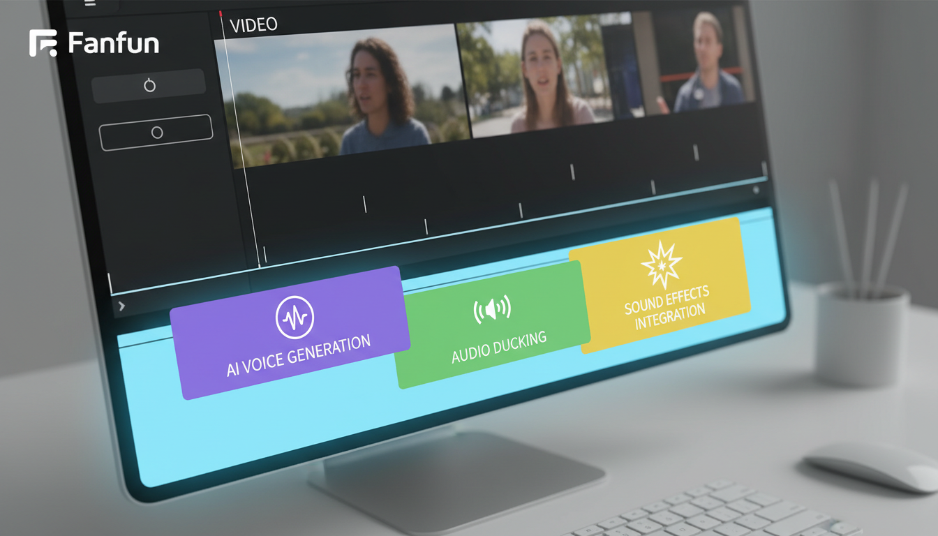 An illustration of a video editing timeline showing how to layer and sync an AI voiceover with background music and sound effects.