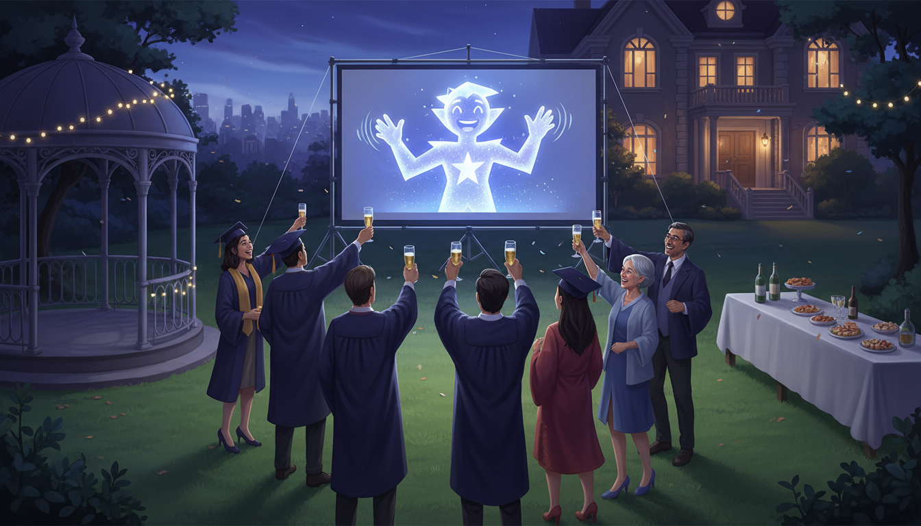A backyard graduation party where guests are watching a virtual star's custom video message projected on a screen.