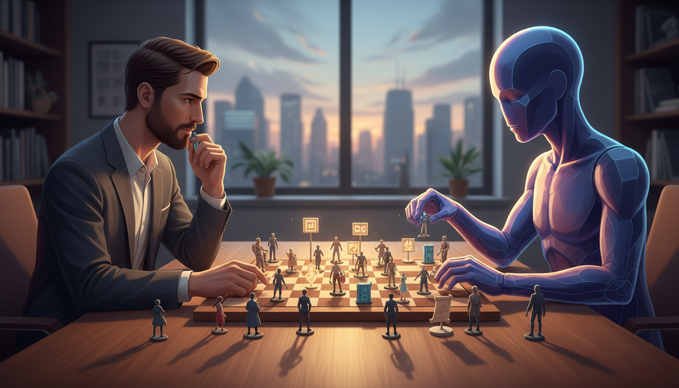 An illustration representing narrative strategy, showing a writer and an AI silhouette playing chess with character figures.