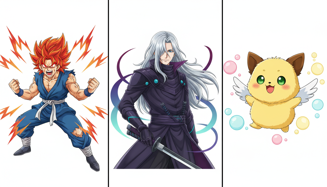 A graphic showing three anime character archetypes representing different vocal styles for text-to-speech generation.