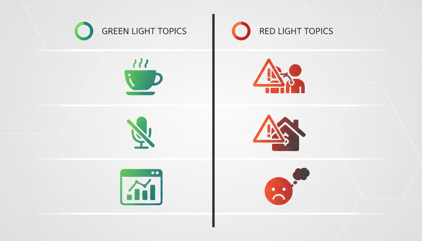 A visual guide illustrating safe vs unsafe topics for a workplace video roast.