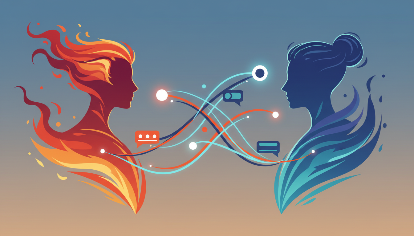 A stylized graphic representing different character archetypes and dialogue dynamics in interactive roleplay.